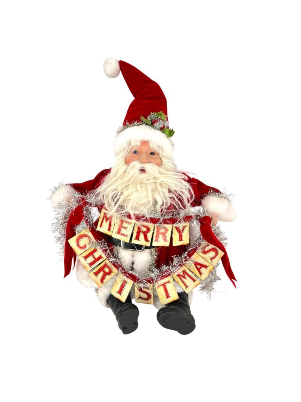 RAZ 19" Santa Claus Figurine "Merry Christmas" Banner Silver Garland Trim